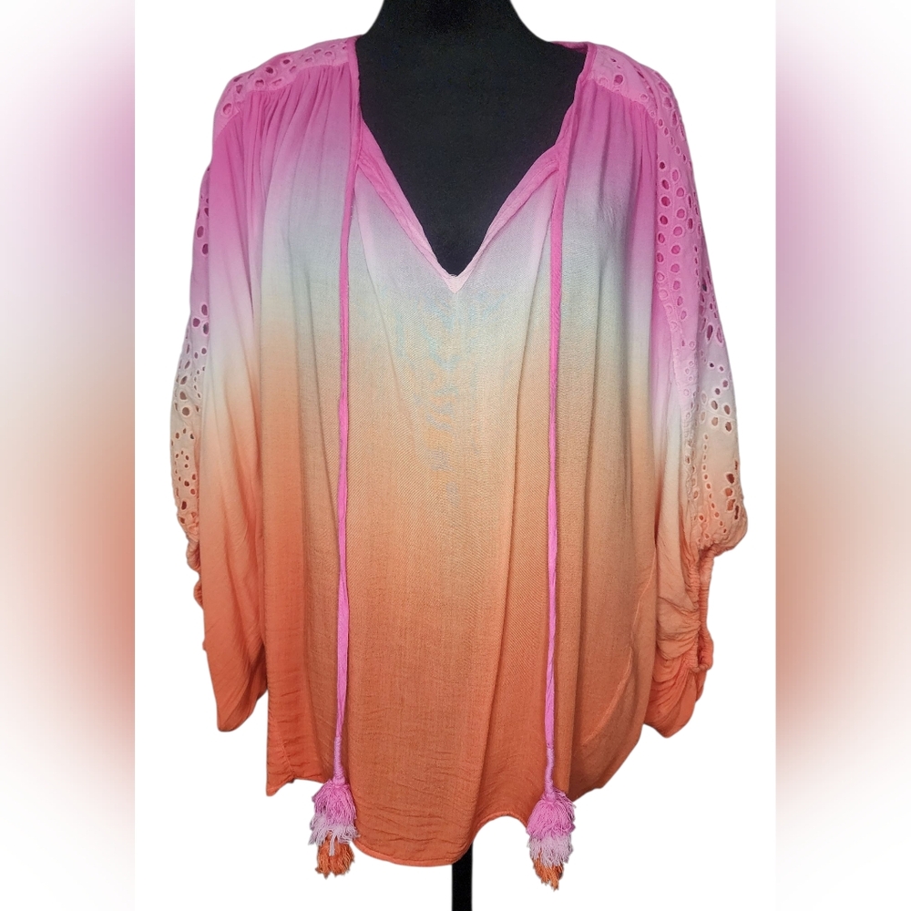 Young Fabulous & Broke Pink Ombré Poet Eyelet Blouse, Womens Medium